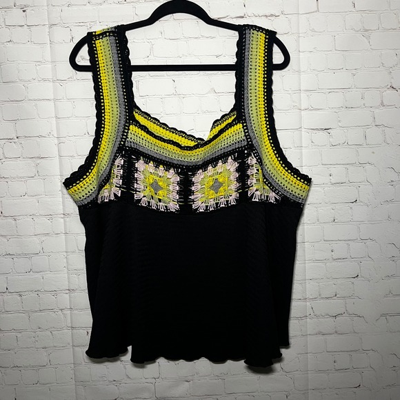 Crochet Trim Tank Top Black Square Neck Sleeveless Peplum Festival Boho Size 4XL - Picture 2 of 5
